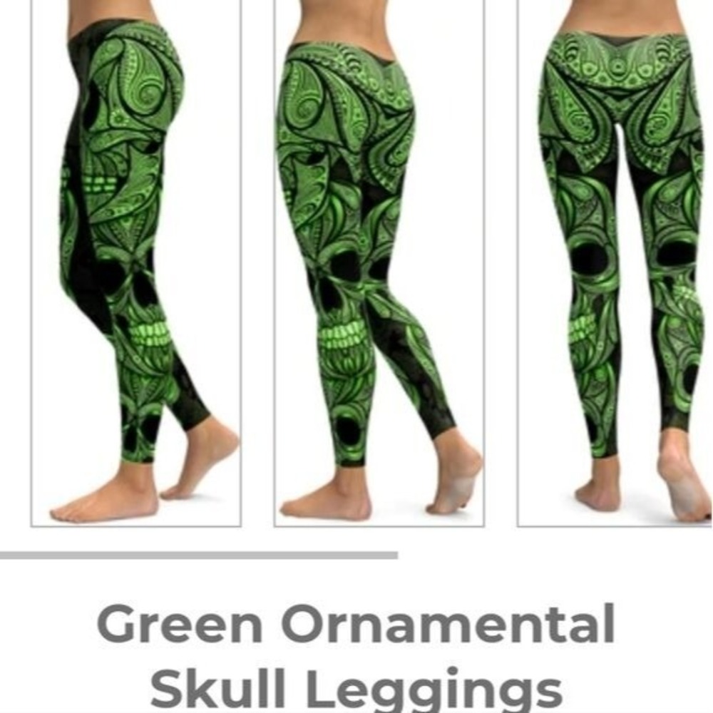Gearbunch Green Ornamental Skull Leggings Womens Black Print XS Halloween Active